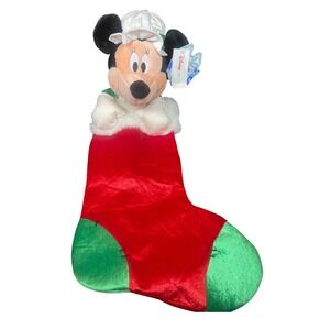 Disney Store Minnie Mouse Christmas Holiday Plush Stocking Red Green Fur Trim